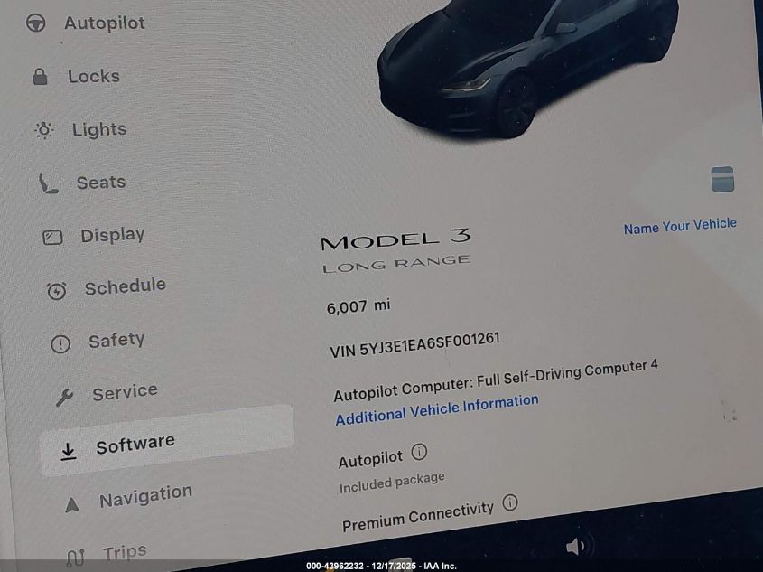 2025 Tesla Model 3 Long Range Rear-Wheel Drive/Standard Rear-Wheel Drive VIN: 5YJ3E1EA6SF001261 Lot: 43962232