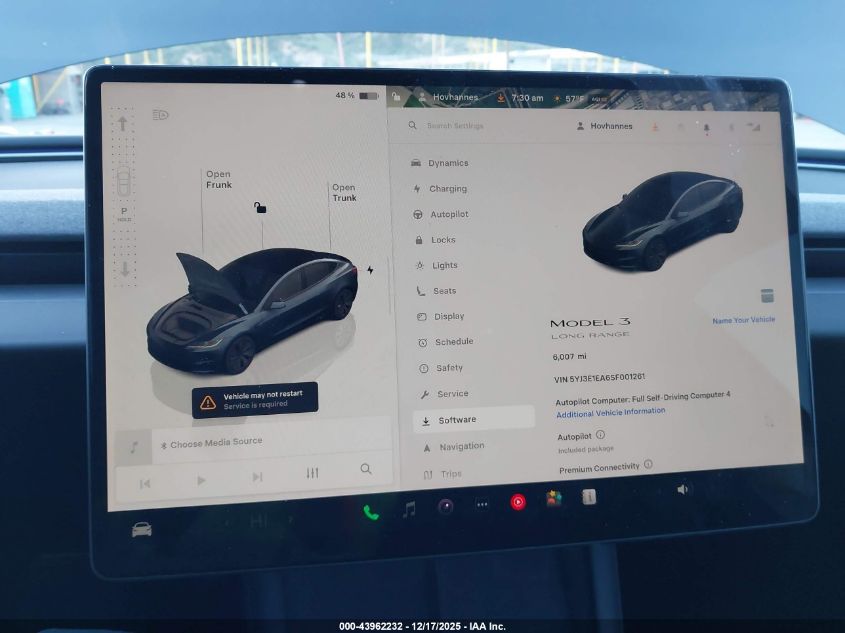 2025 Tesla Model 3 Long Range Rear-Wheel Drive/Standard Rear-Wheel Drive VIN: 5YJ3E1EA6SF001261 Lot: 43962232