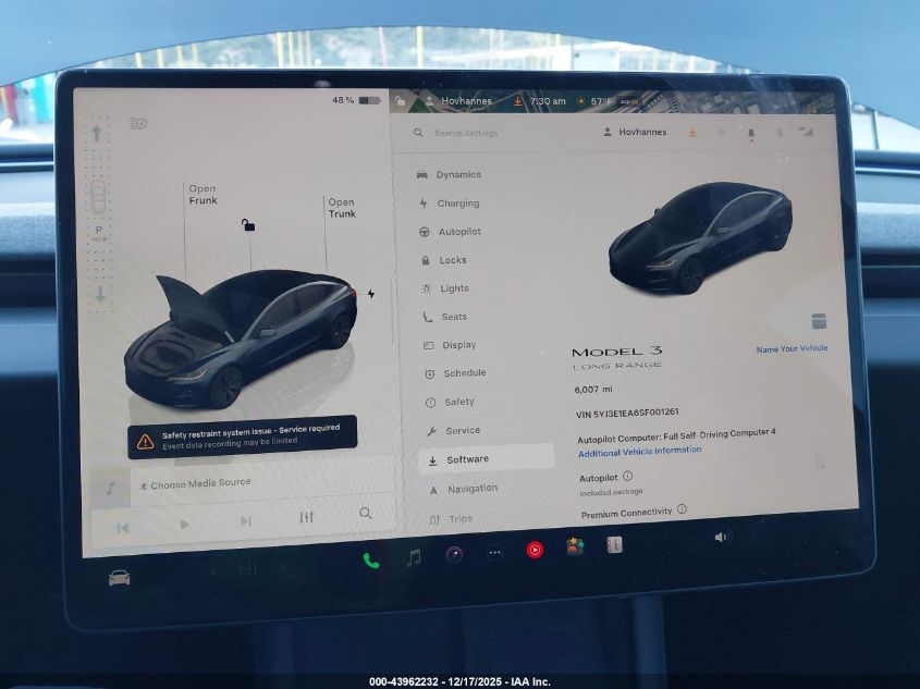 2025 Tesla Model 3 Long Range Rear-Wheel Drive/Standard Rear-Wheel Drive VIN: 5YJ3E1EA6SF001261 Lot: 43962232
