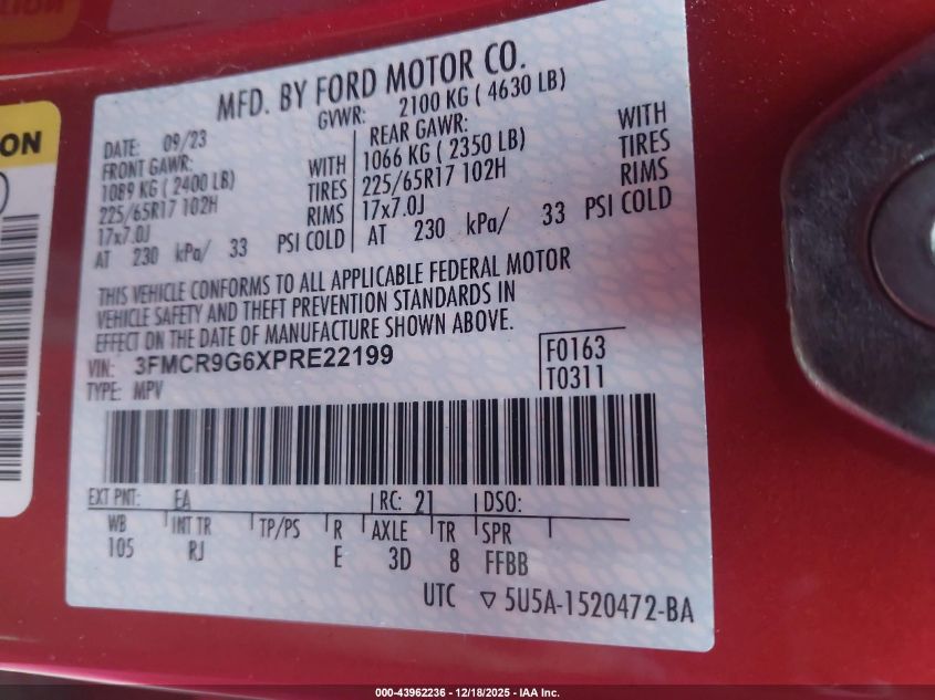 2023 Ford Bronco Sport Heritage VIN: 3FMCR9G6XPRE22199 Lot: 43962236