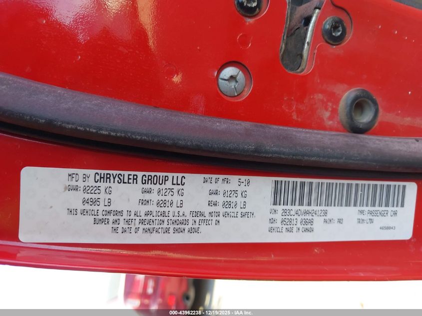 2010 Dodge Challenger Se VIN: 2B3CJ4DV0AH241238 Lot: 43962238