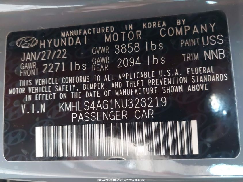2022 Hyundai Elantra Sel VIN: KMHLS4AG1NU323219 Lot: 43962240