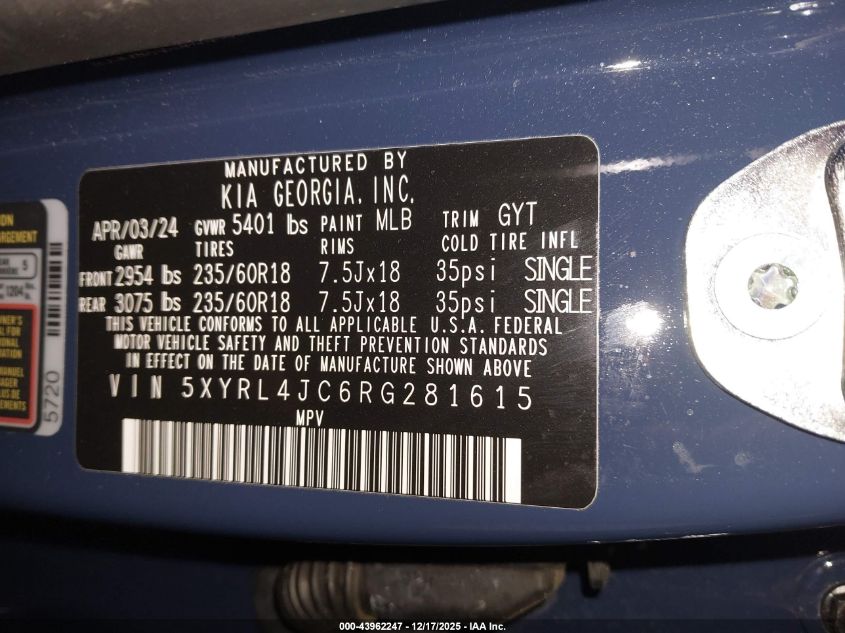 2024 Kia Sorento S VIN: 5XYRL4JC6RG281615 Lot: 43962247