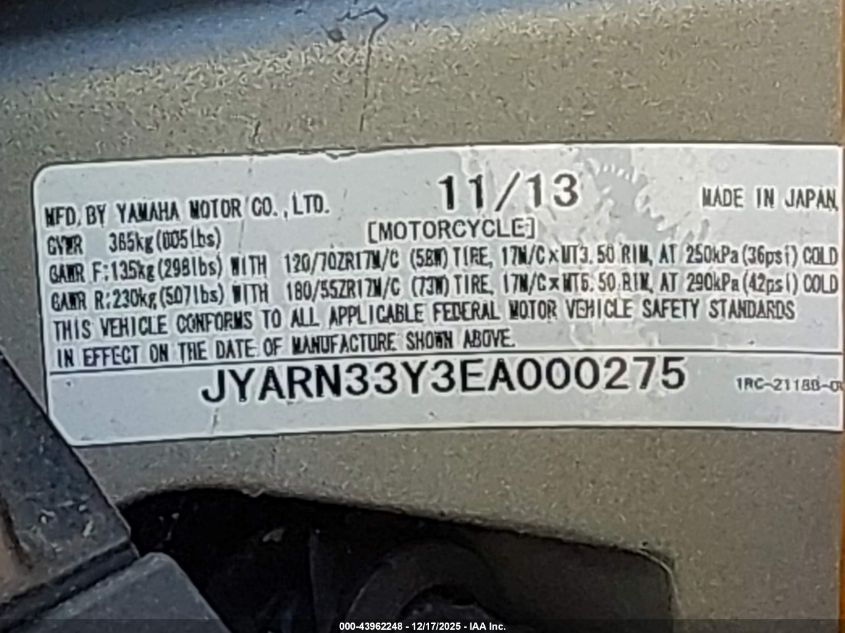 2014 Yamaha Fz09 C VIN: JYARN33Y3EA000275 Lot: 43962248