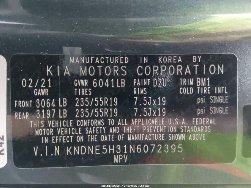 2022 Kia Carnival Mpv Sx Prestige VIN: KNDNE5H31N6072395 Lot: 43962250