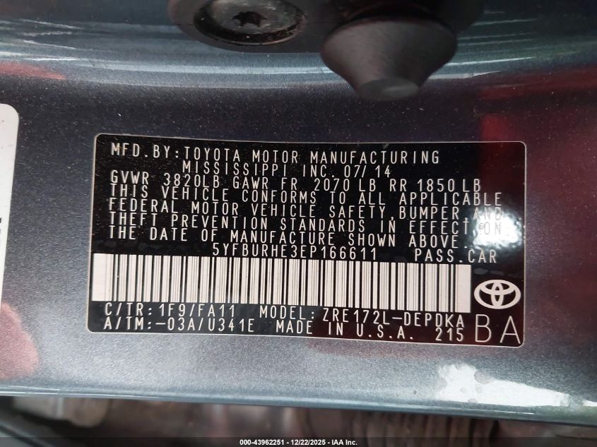 2014 Toyota Corolla L VIN: 5YFBURHE3EP166611 Lot: 43962251