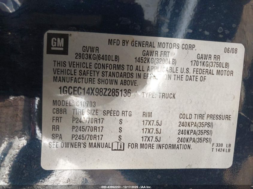 2008 Chevrolet Silverado 1500 Work Truck VIN: 1GCEC14X98Z285136 Lot: 43962253