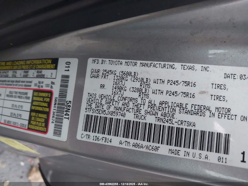 2018 Toyota Tacoma Sr VIN: 5TFSX5EN5JX059740 Lot: 43962255