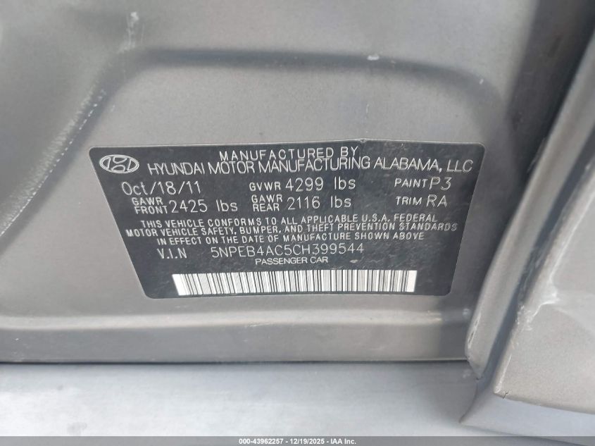 2012 Hyundai Sonata Gls VIN: 5NPEB4AC5CH399544 Lot: 43962257