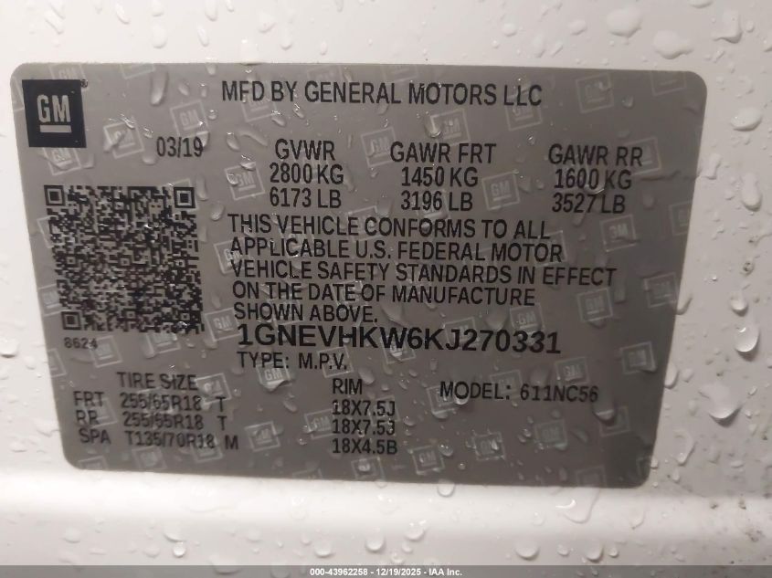 2019 Chevrolet Traverse 3Lt VIN: 1GNEVHKW6KJ270331 Lot: 43962258