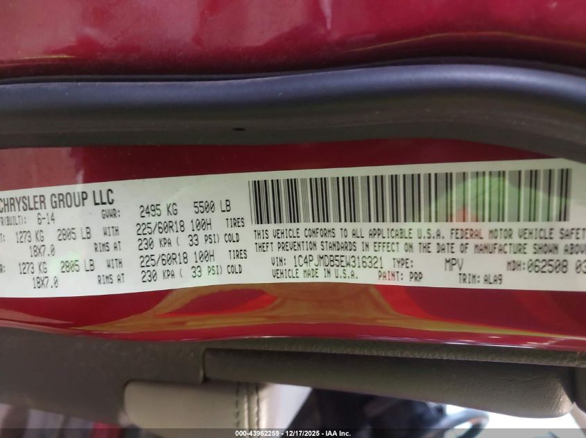 2014 Jeep Cherokee Limited VIN: 1C4PJMDB5EW316321 Lot: 43962259