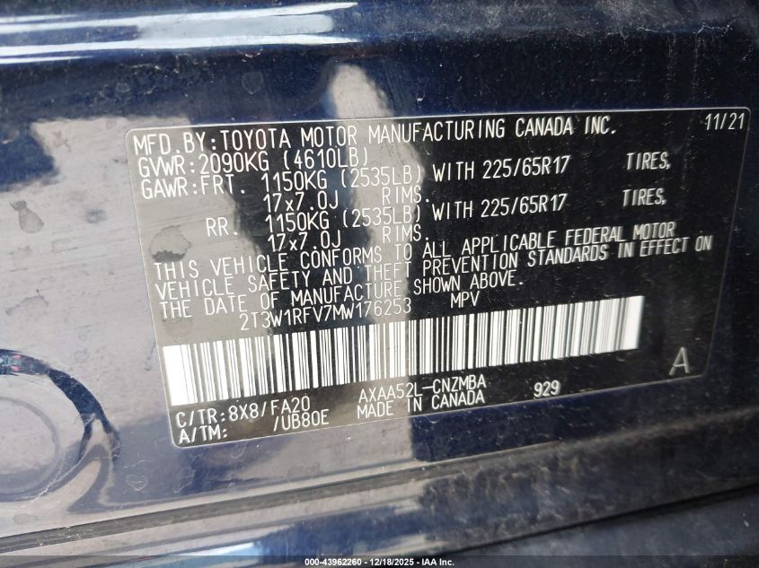 2021 Toyota Rav4 Xle VIN: 2T3W1RFV7MW176253 Lot: 43962260