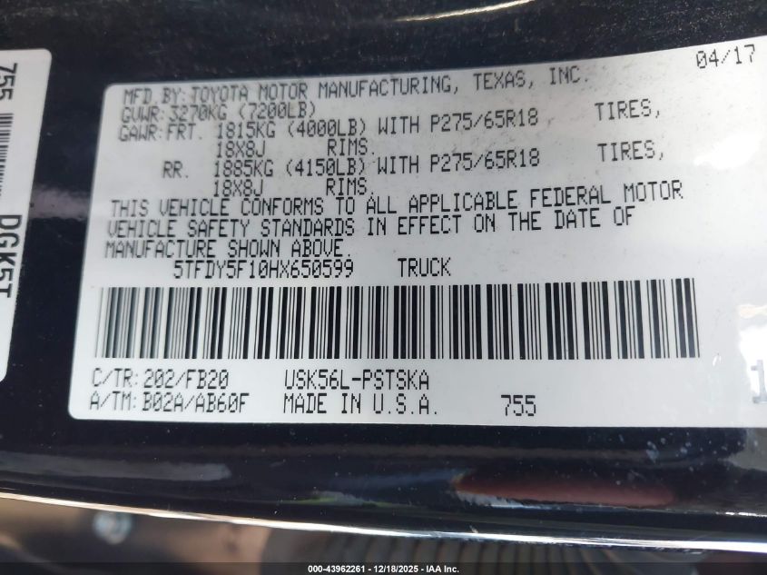 2017 Toyota Tundra Sr5 5.7L V8 VIN: 5TFDY5F10HX650599 Lot: 43962261