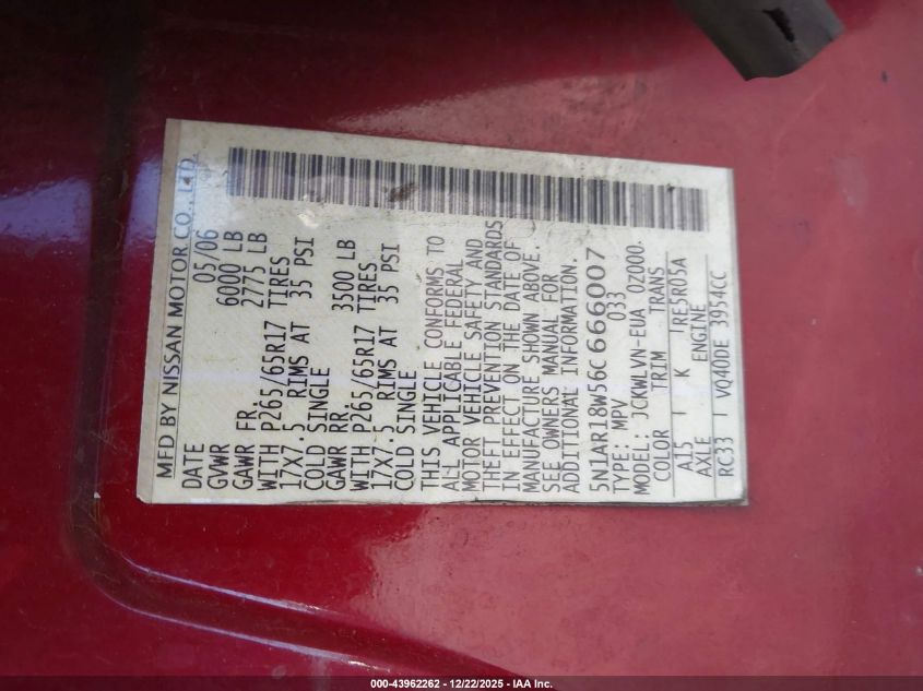 2006 Nissan Pathfinder Le VIN: 5N1AR18W56C666007 Lot: 43962262