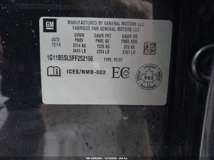 2015 Chevrolet Malibu Ls VIN: 1G11B5SL5FF252196 Lot: 43962264
