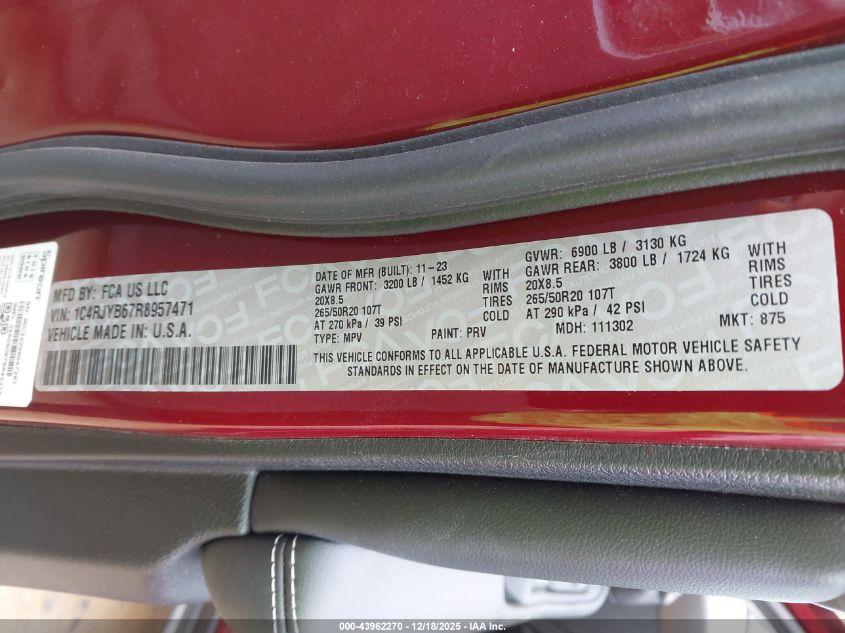 2024 Jeep Grand Cherokee 4Xe VIN: 1C4RJYB67R8957471 Lot: 43962270