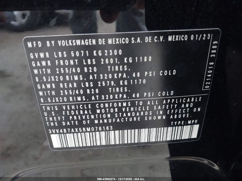 2024 Volkswagen Tiguan 2.0T Sel R-Line VIN: 3VV4B7AX5RM076163 Lot: 43962274