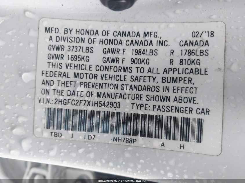 2018 Honda Civic Ex VIN: 2HGFC2F7XJH542903 Lot: 43962275