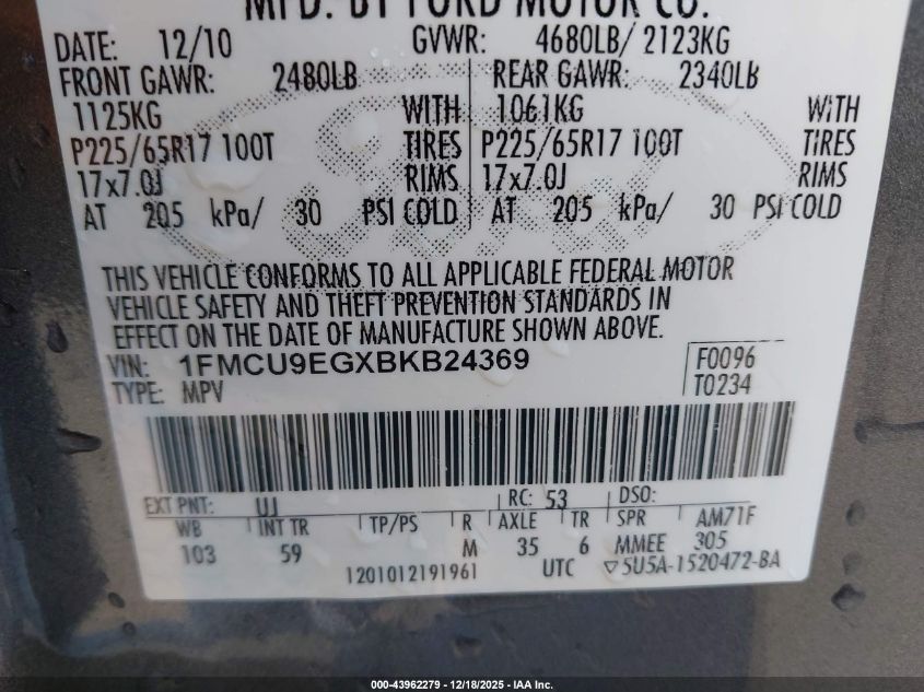 2011 Ford Escape Limited VIN: 1FMCU9EGXBKB24369 Lot: 43962279