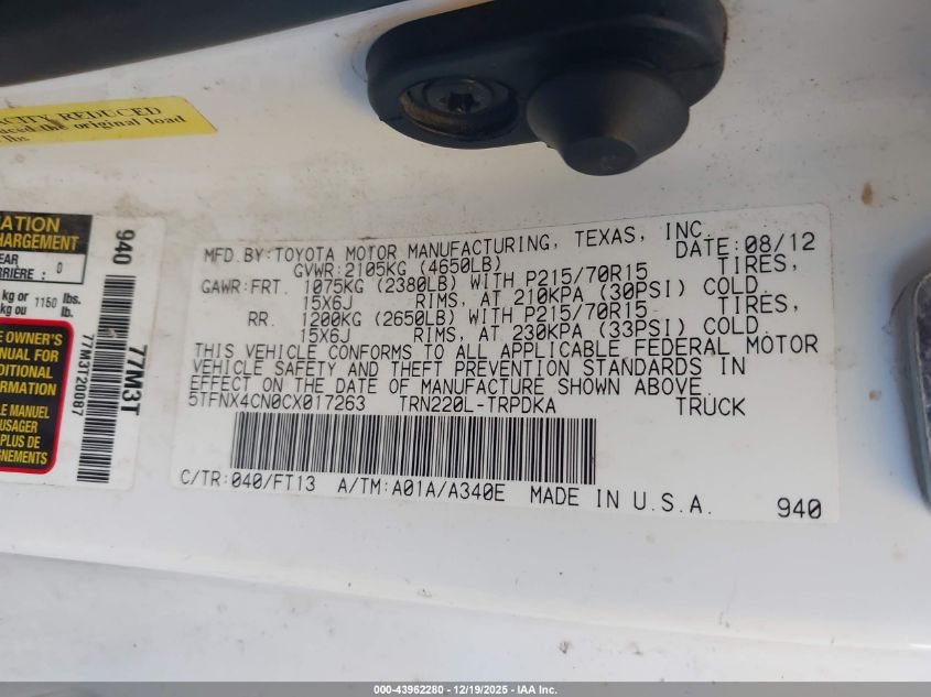 2012 Toyota Tacoma VIN: 5TFNX4CN0CX017263 Lot: 43962280
