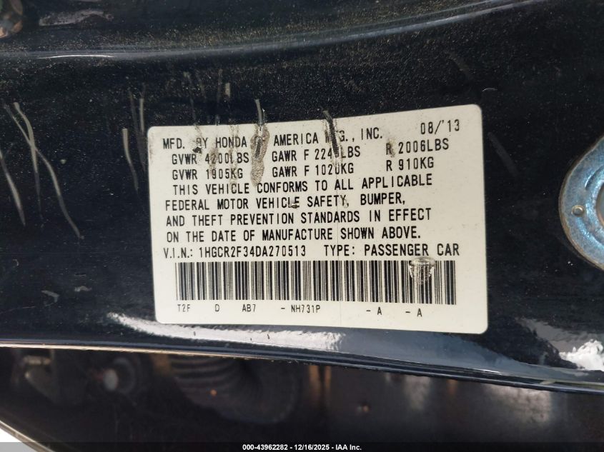2013 Honda Accord Lx VIN: 1HGCR2F34DA270513 Lot: 43962282