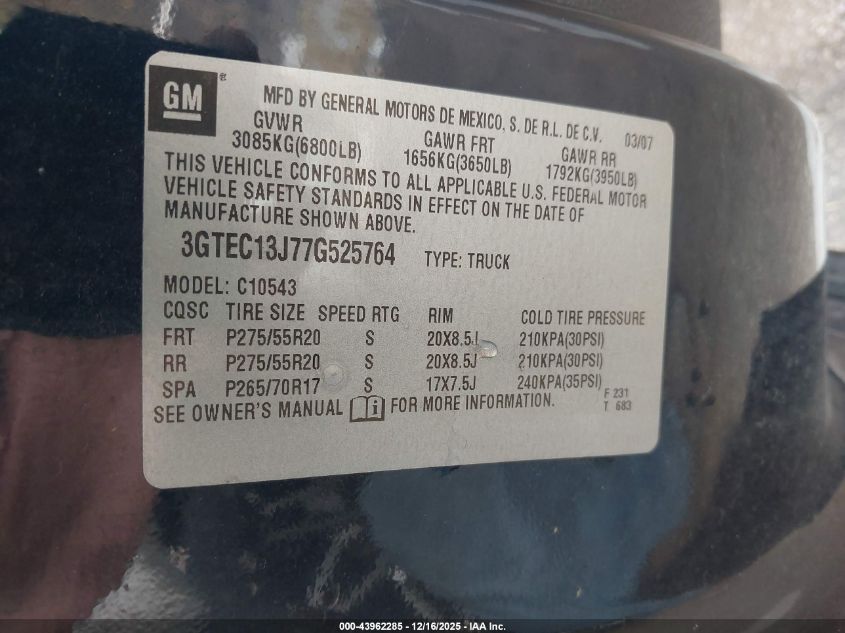 2007 GMC Sierra 1500 Slt VIN: 3GTEC13J77G525764 Lot: 43962285