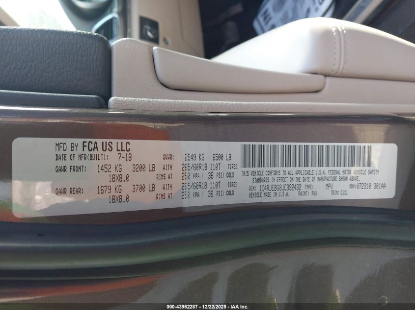 2018 Jeep Grand Cherokee Limited 4X2 VIN: 1C4RJEBG8JC392432 Lot: 43962287