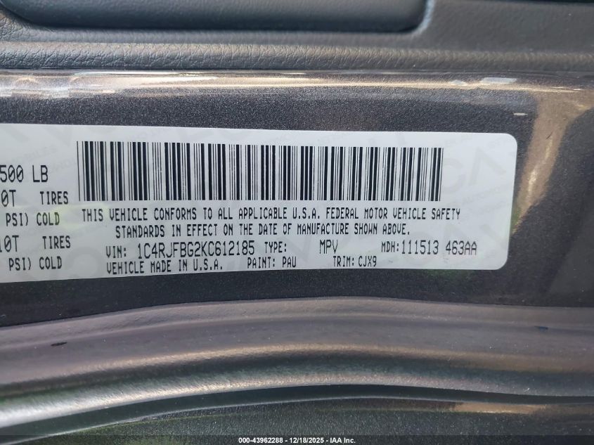 2019 Jeep Grand Cherokee Limited 4X4 VIN: 1C4RJFBG2KC612185 Lot: 43962288