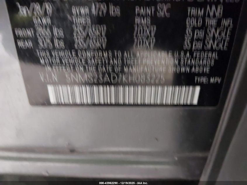 2019 Hyundai Santa Fe Se VIN: 5NMS23AD7KH083225 Lot: 43962290