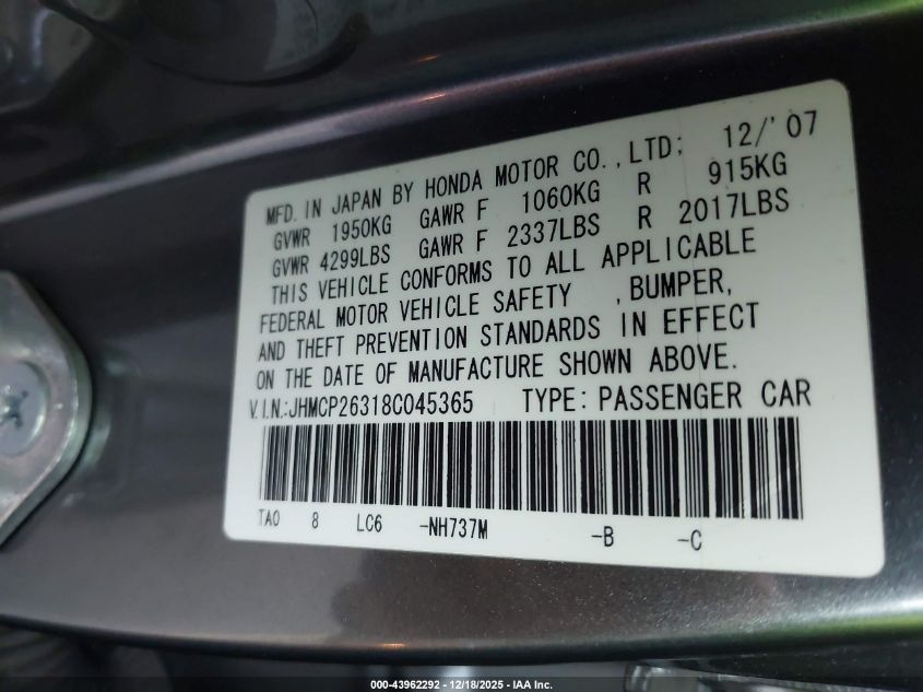 2008 Honda Accord 2.4 Lx VIN: JHMCP26318C045365 Lot: 43962292