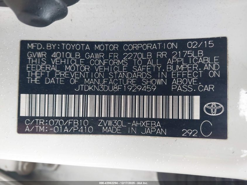 2015 Toyota Prius Two VIN: JTDKN3DU8F1929459 Lot: 43962294