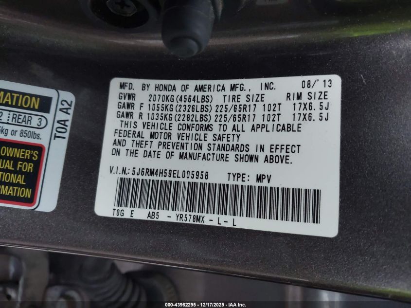 2014 Honda Cr-V Ex VIN: 5J6RM4H59EL005958 Lot: 43962295