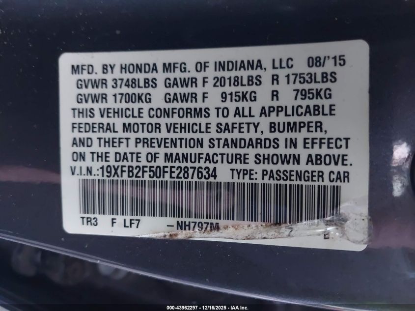 2015 Honda Civic Lx VIN: 19XFB2F50FE287634 Lot: 43962297