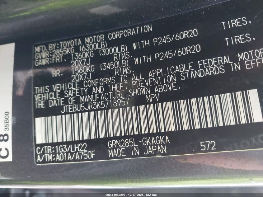 2019 Toyota 4Runner Limited Nightshade VIN: JTEBU5JR3K5718957 Lot: 43962299