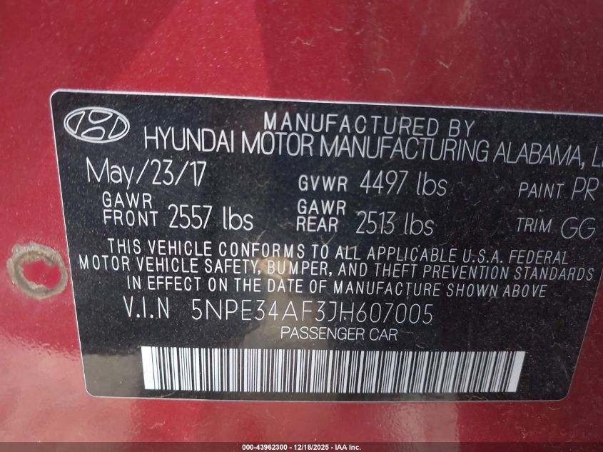 2018 Hyundai Sonata Limited VIN: 5NPE34AF3JH607005 Lot: 43962300