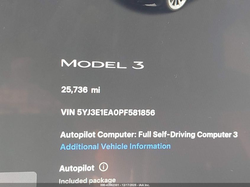2023 Tesla Model 3 Rear-Wheel Drive VIN: 5YJ3E1EA0PF581856 Lot: 43962301