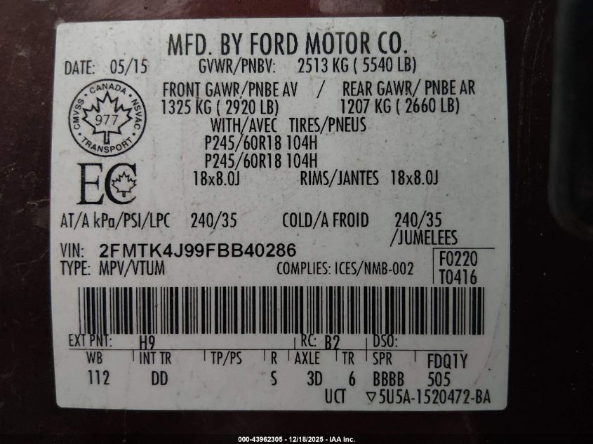 2015 Ford Edge Sel VIN: 2FMTK4J99FBB40286 Lot: 43962305