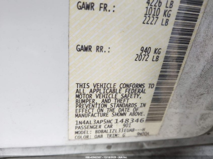 2017 Nissan Altima 2.5 Sv VIN: 1N4AL3AP5HC148346 Lot: 43962307