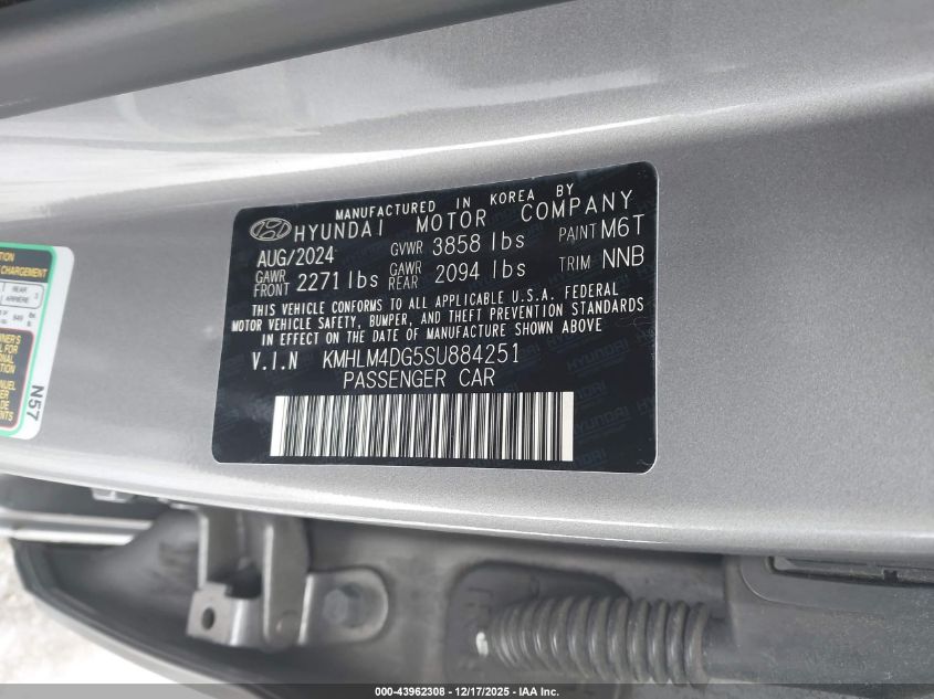 2025 Hyundai Elantra Sel Sport VIN: KMHLM4DG5SU884251 Lot: 43962308