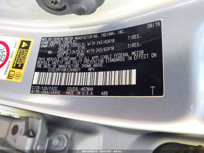 2019 Toyota Highlander Le Plus VIN: 5TDZZRFH9KS348801 Lot: 43962310