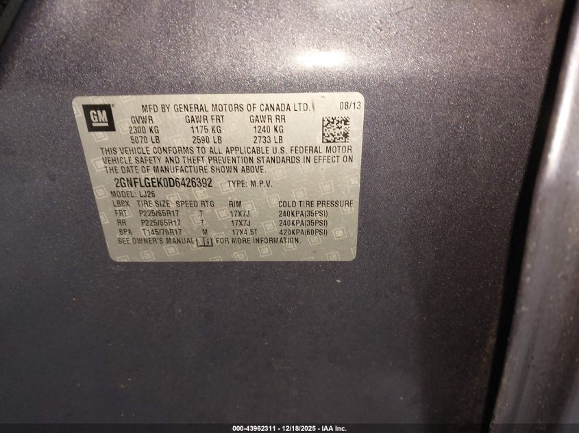 2013 Chevrolet Equinox Ltz VIN: 2GNFLGEK0D6426392 Lot: 43962311