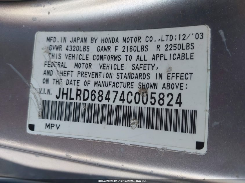 2004 Honda Cr-V Lx VIN: JHLRD68474C005824 Lot: 43962312