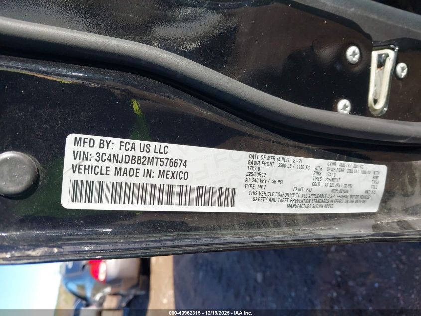 2021 Jeep Compass Latitude 4X4 VIN: 3C4NJDBB2MT576674 Lot: 43962315