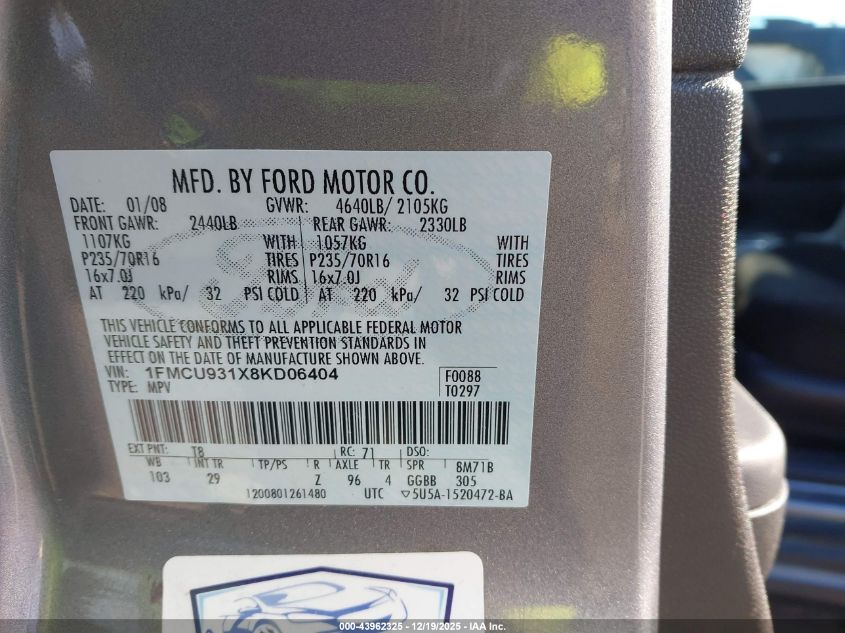 2008 Ford Escape Xlt VIN: 1FMCU931X8KD06404 Lot: 43962325