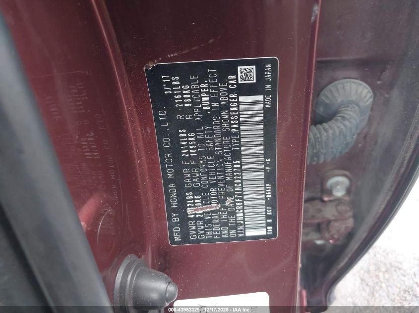 2017 Honda Accord Hybrid Touring VIN: JHMCR6F71HC022785 Lot: 43962329