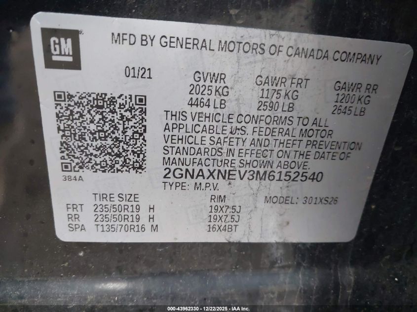 2021 Chevrolet Equinox Fwd Premier VIN: 2GNAXNEV3M6152540 Lot: 43962330