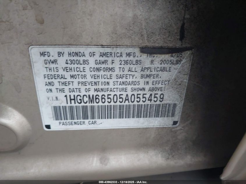 2005 Honda Accord 3.0 Ex VIN: 1HGCM66505A055459 Lot: 43962333