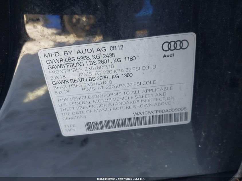 2013 Audi Q5 2.0T Premium VIN: WA1CFAFP9DA009005 Lot: 43962335