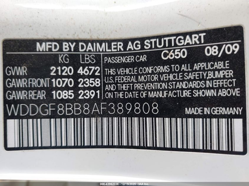 2010 Mercedes-Benz C 300 Luxury 4Matic/Sport 4Matic VIN: WDDGF8BB8AF389808 Lot: 43962336