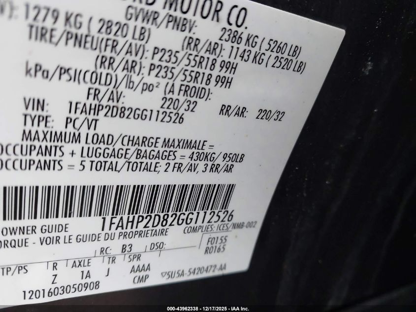 2016 Ford Taurus Se VIN: 1FAHP2D82GG112526 Lot: 43962338